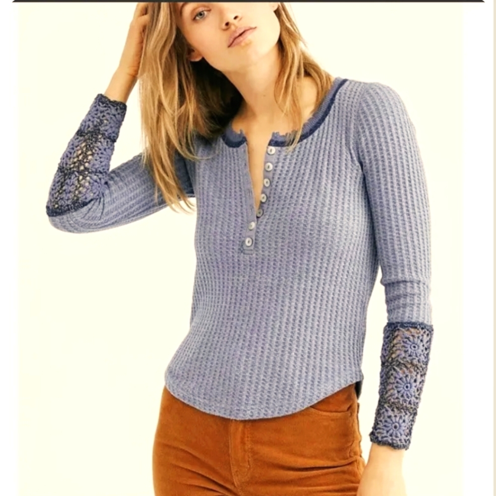 Free People Crochet Long Sleeve Thermal Henley Size Small